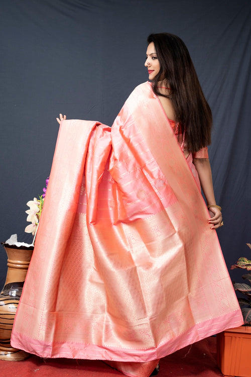 Load image into Gallery viewer, Elegant Baby Pink Banarasi Silk Saree With Pretty Blouse Piece
