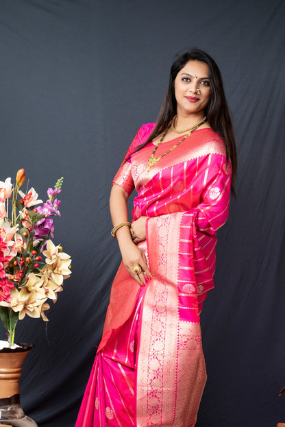 Energetic Dark Pink Banarasi Silk Saree With Pretty Blouse Piece