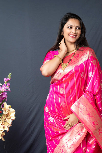 Energetic Dark Pink Banarasi Silk Saree With Pretty Blouse Piece