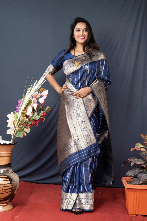 Load image into Gallery viewer, Gleaming Navy Blue Banarasi Silk Saree With Pretty Blouse Piece
