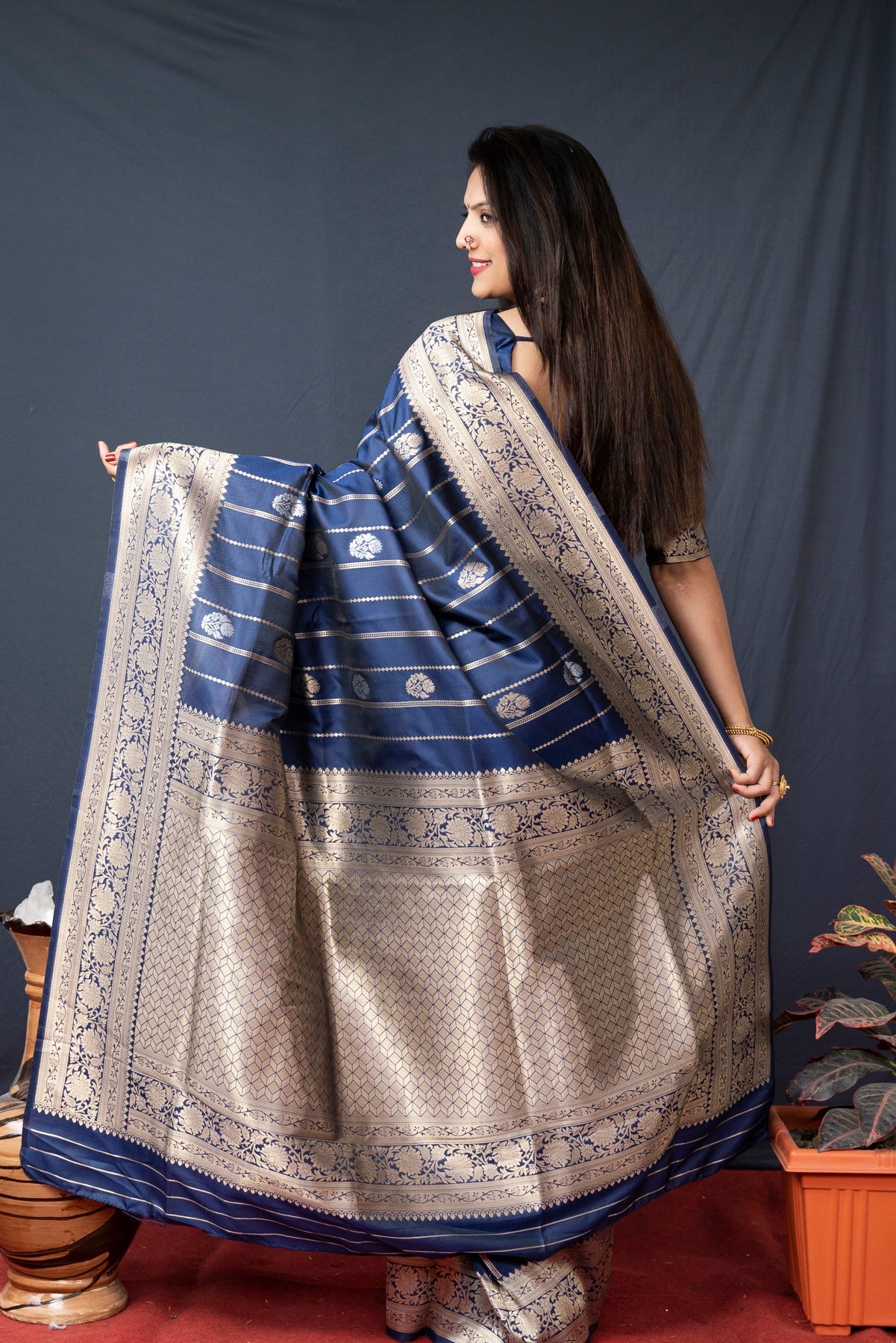 Gleaming Navy Blue Banarasi Silk Saree With Pretty Blouse Piece