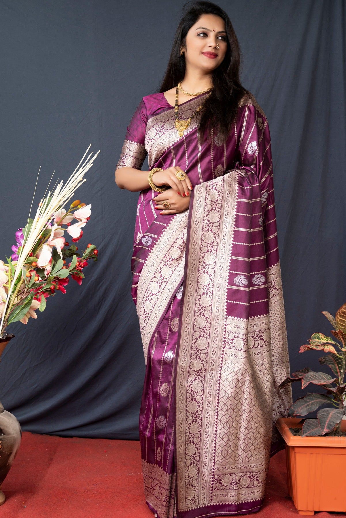 Attractive Purple Banarasi Silk Saree With Pretty Blouse Piece