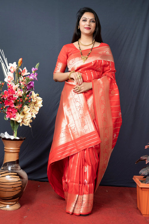 Load image into Gallery viewer, Flaunt Red Banarasi Silk Saree With Pretty Blouse Piece
