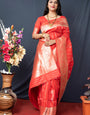 Flaunt Red Banarasi Silk Saree With Pretty Blouse Piece