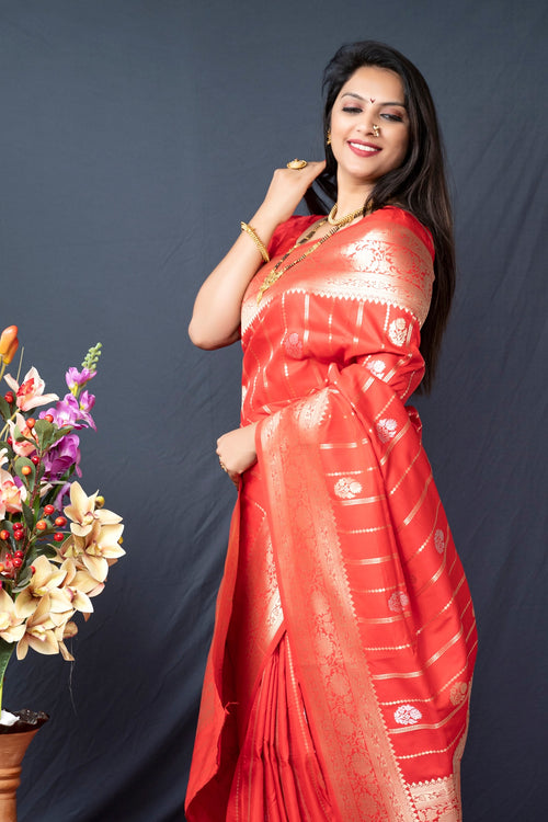 Load image into Gallery viewer, Flaunt Red Banarasi Silk Saree With Pretty Blouse Piece
