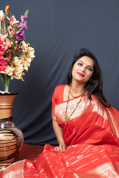 Load image into Gallery viewer, Flaunt Red Banarasi Silk Saree With Pretty Blouse Piece
