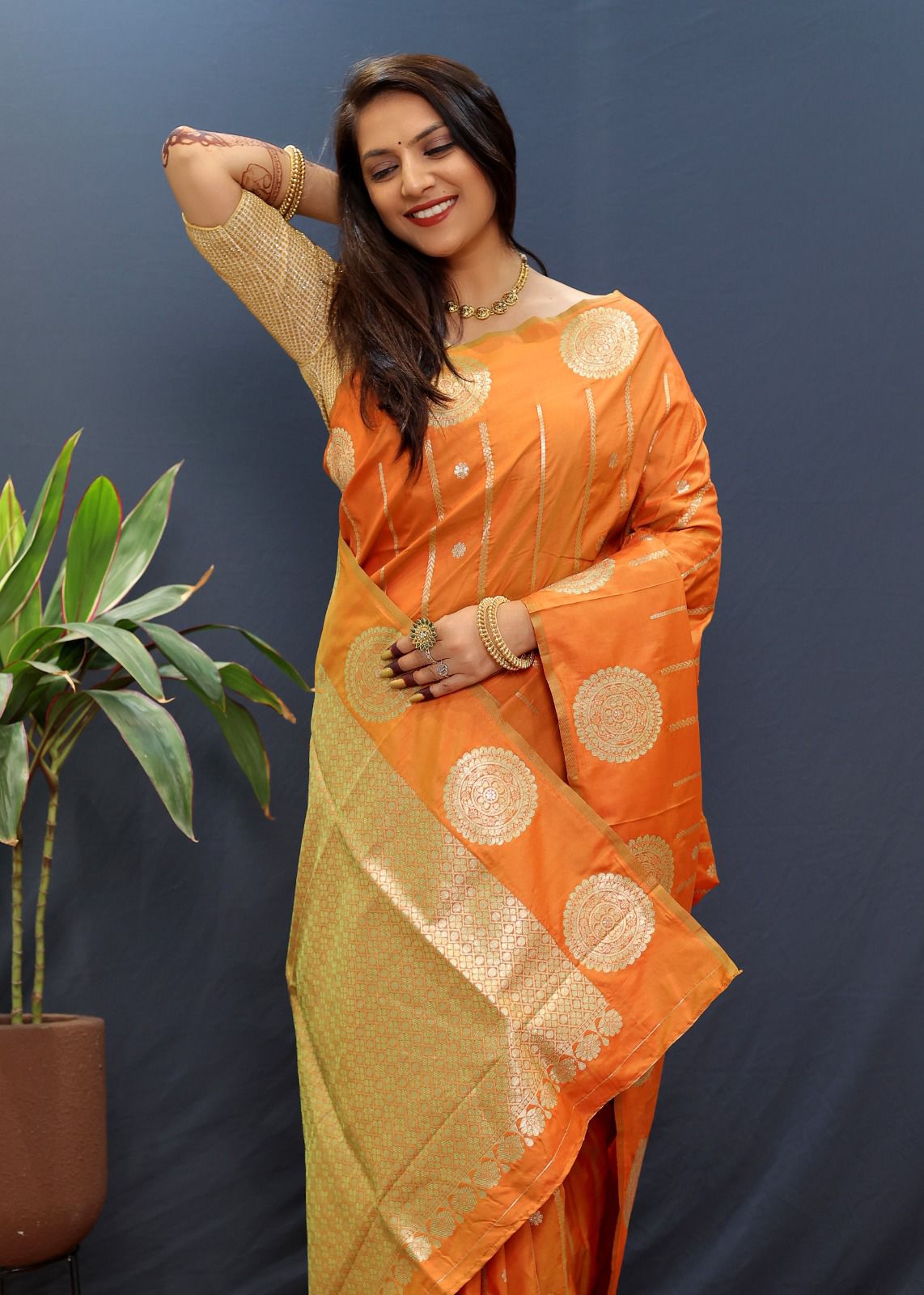 Desuetude Orange Soft Banarasi Silk Saree With Ailurophile Blouse Piece