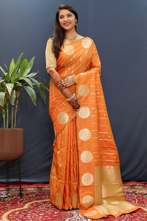 Load image into Gallery viewer, Desuetude Orange Soft Banarasi Silk Saree With Ailurophile Blouse Piece
