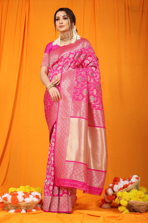 Load image into Gallery viewer, Gossamer Dark Pink Kanjivaram Silk With Hypnotic Blouse Piece
