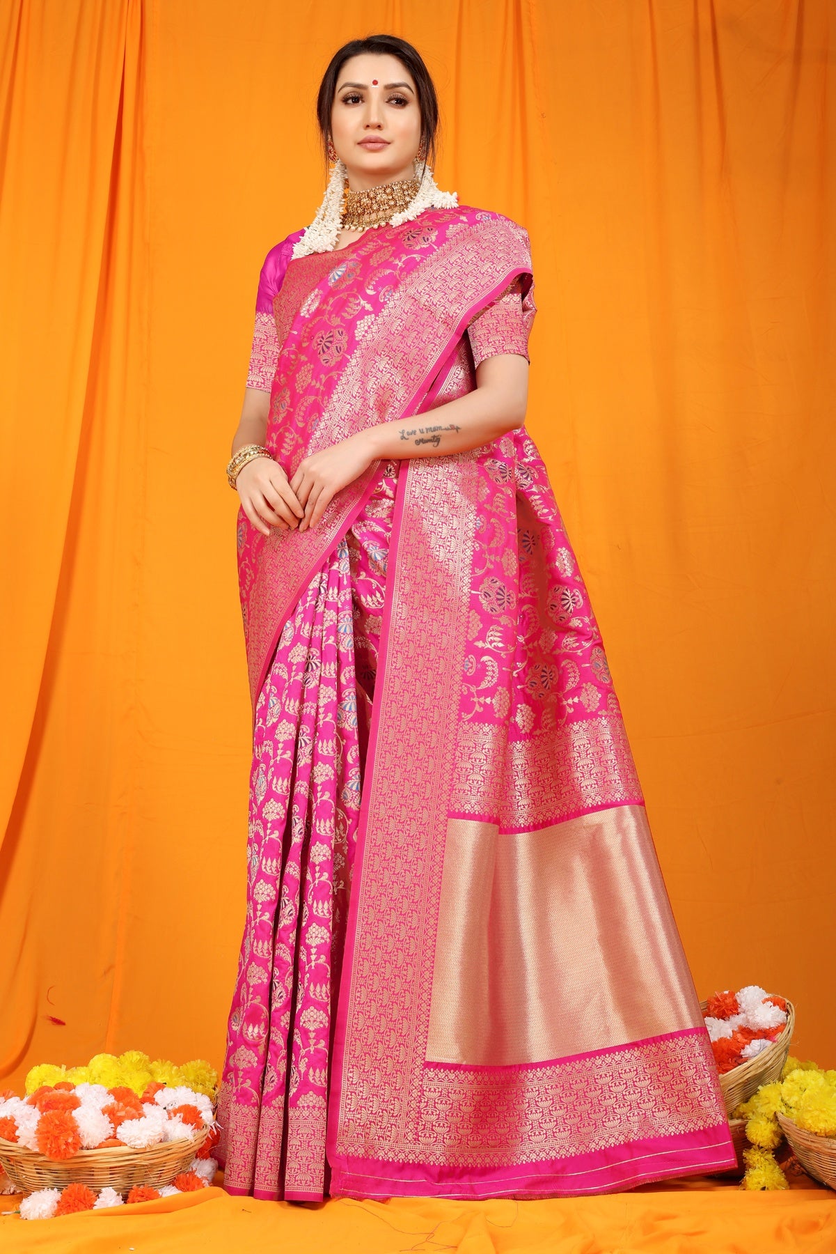 Gossamer Dark Pink Kanjivaram Silk With Hypnotic Blouse Piece