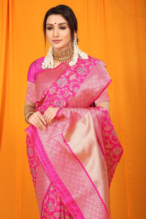 Load image into Gallery viewer, Gossamer Dark Pink Kanjivaram Silk With Hypnotic Blouse Piece
