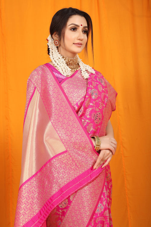 Load image into Gallery viewer, Gossamer Dark Pink Kanjivaram Silk With Hypnotic Blouse Piece
