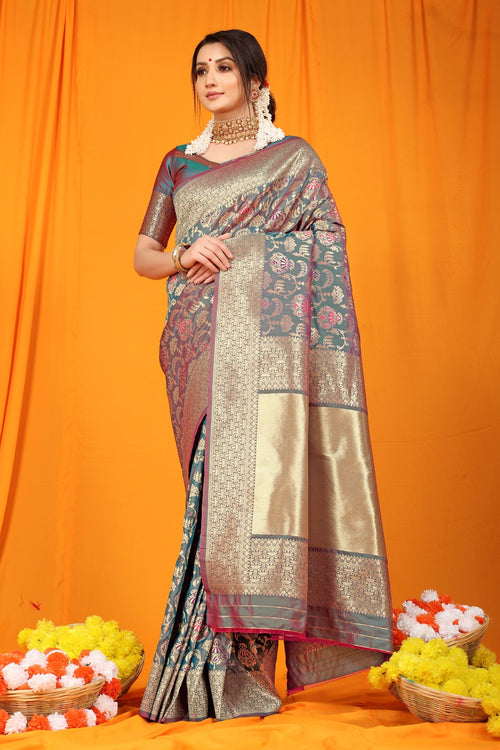 Load image into Gallery viewer, Imbrication Grey Kanjivaram Silk With Hypnotic Blouse Piece
