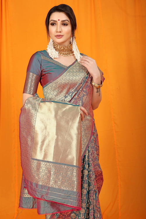 Load image into Gallery viewer, Imbrication Grey Kanjivaram Silk With Hypnotic Blouse Piece
