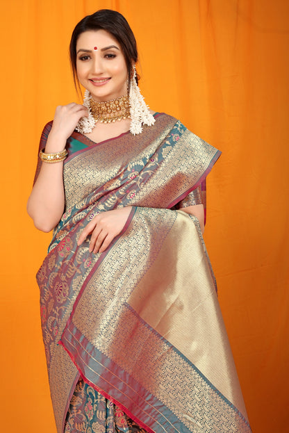 Imbrication Grey Kanjivaram Silk With Hypnotic Blouse Piece
