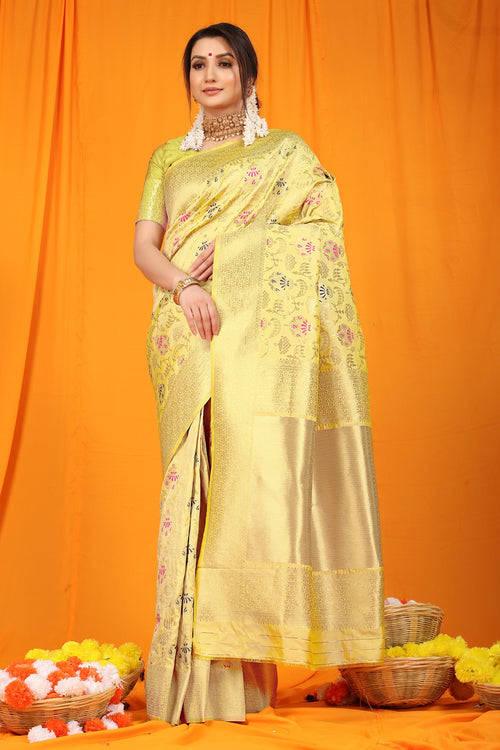 Load image into Gallery viewer, Lagniappe Lemon Kanjivaram Silk With Hypnotic Blouse Piece
