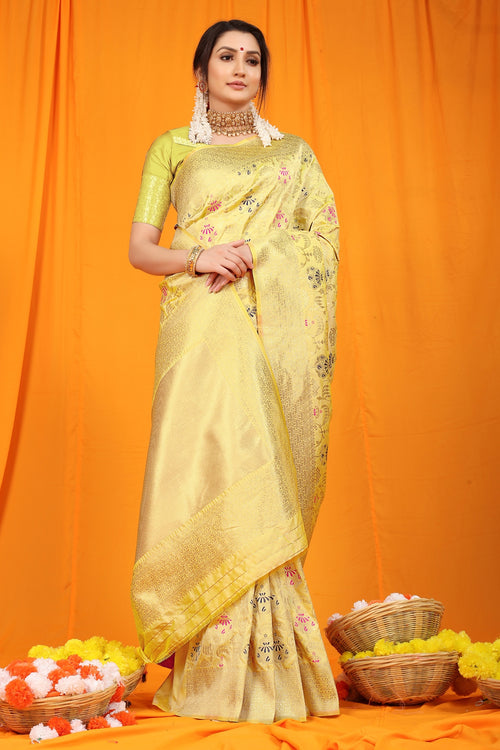 Load image into Gallery viewer, Lagniappe Lemon Kanjivaram Silk With Hypnotic Blouse Piece
