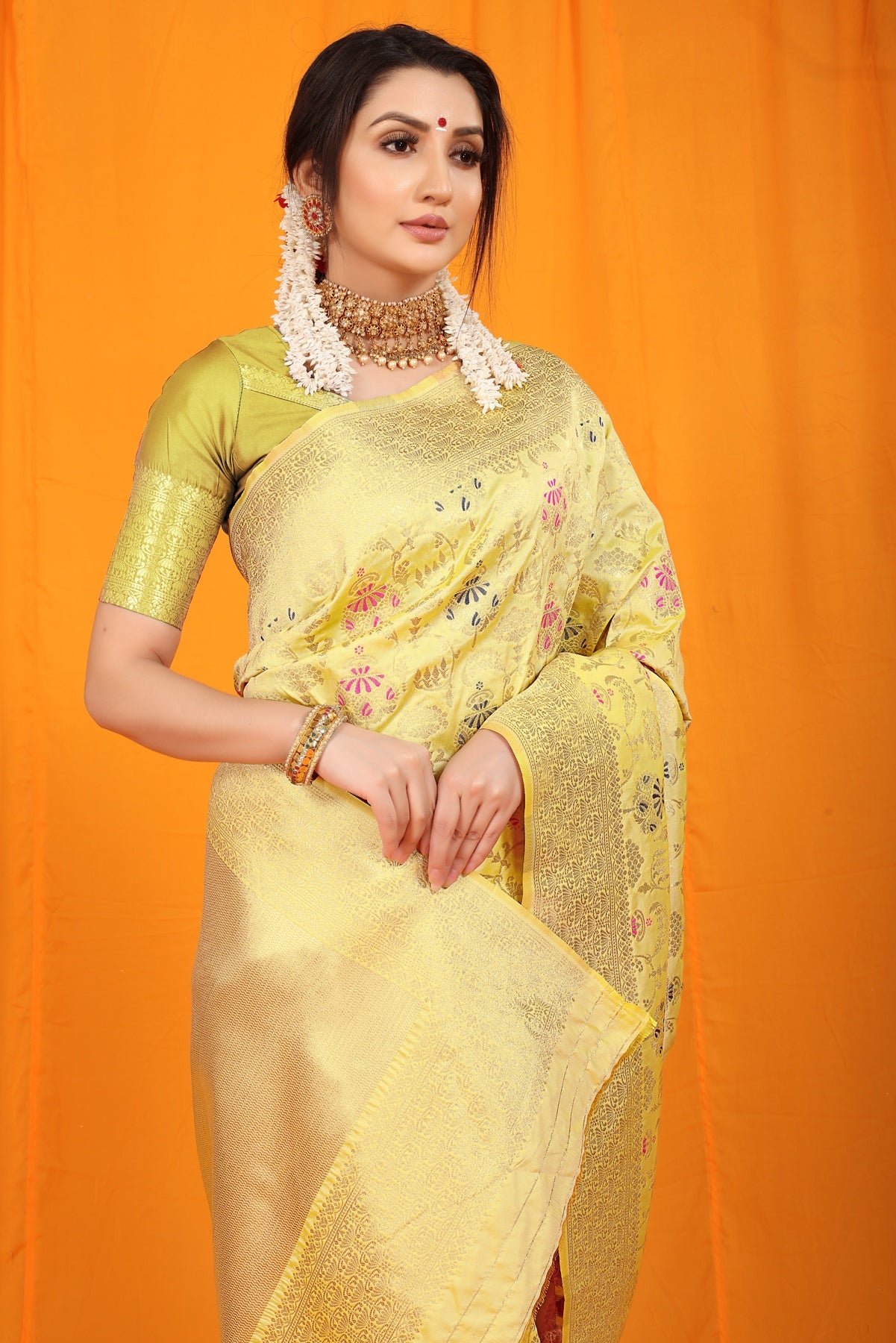 Lagniappe Lemon Kanjivaram Silk With Hypnotic Blouse Piece