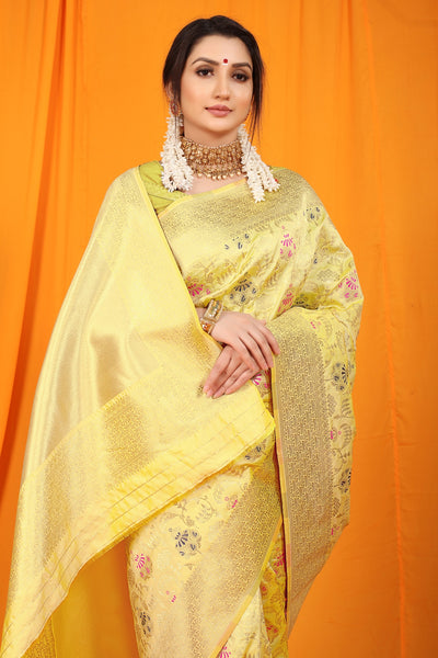 Lagniappe Lemon Kanjivaram Silk With Hypnotic Blouse Piece