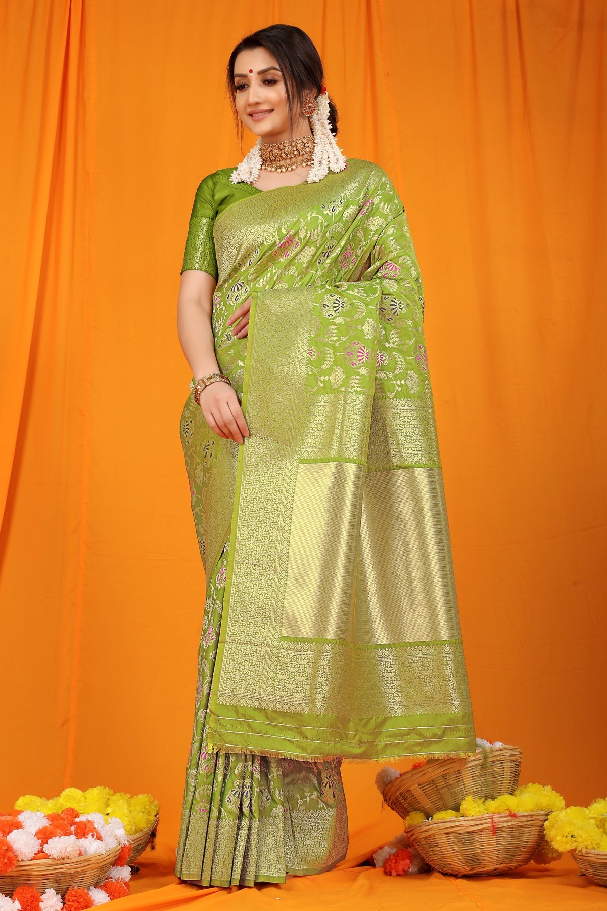 Lassitude Mehndi Kanjivaram Silk With Hypnotic Blouse Piece