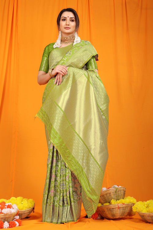 Load image into Gallery viewer, Lassitude Mehndi Kanjivaram Silk With Hypnotic Blouse Piece
