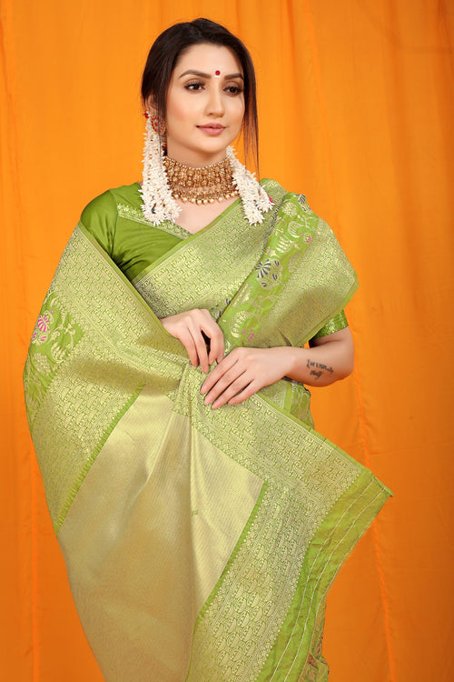 Load image into Gallery viewer, Lassitude Mehndi Kanjivaram Silk With Hypnotic Blouse Piece
