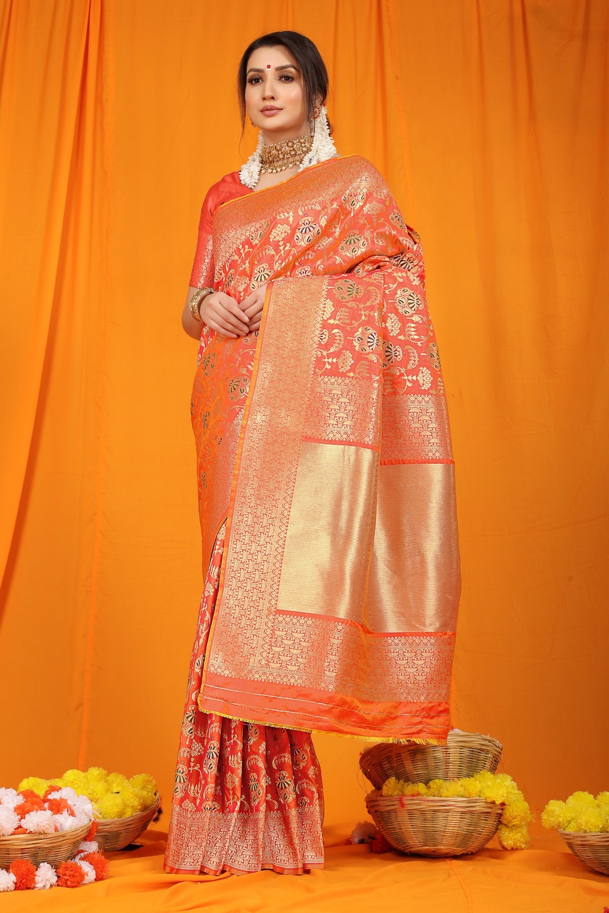 Lissome Orange Kanjivaram Silk With Hypnotic Blouse Piece