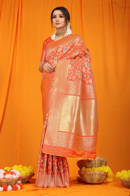 Load image into Gallery viewer, Lissome Orange Kanjivaram Silk With Hypnotic Blouse Piece
