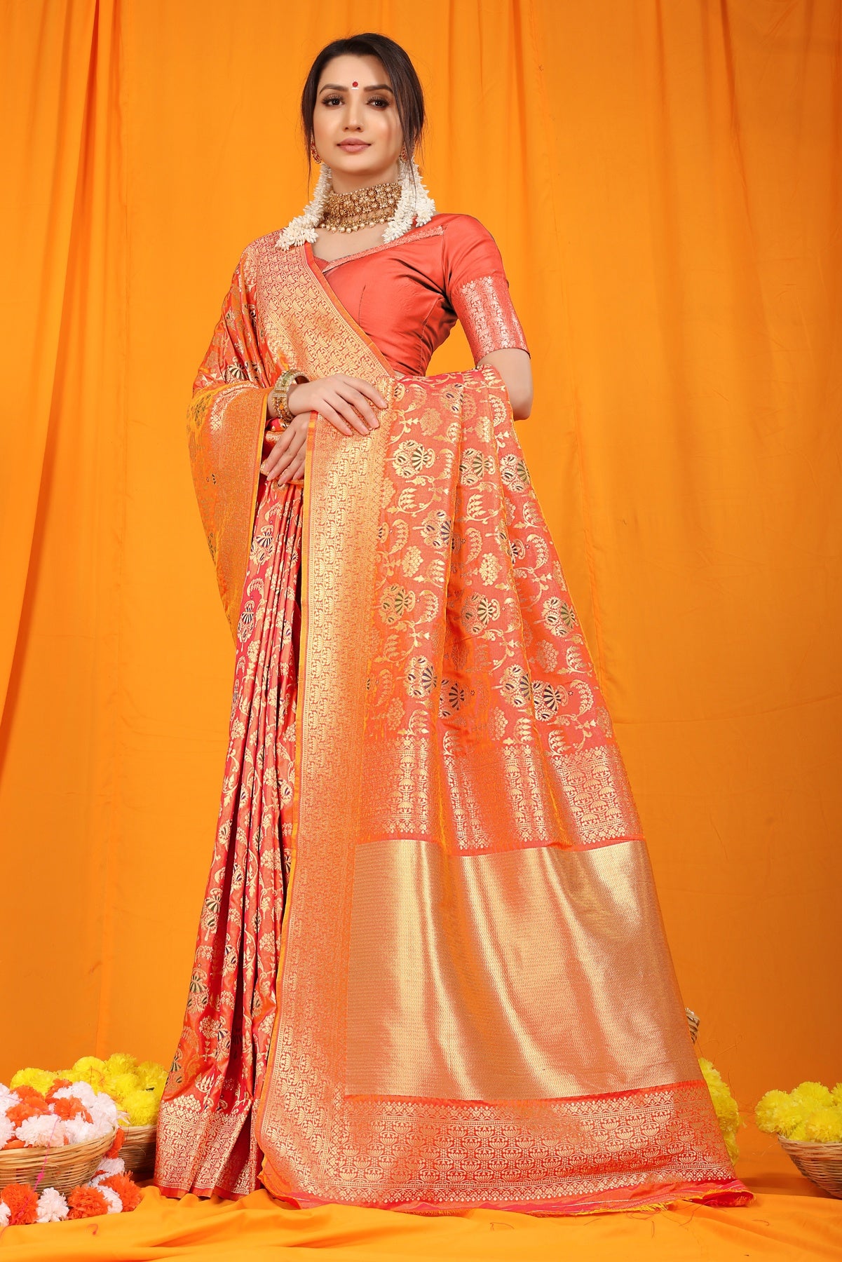 Lissome Orange Kanjivaram Silk With Hypnotic Blouse Piece