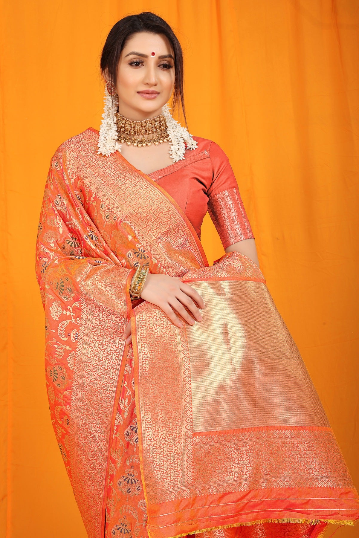 Lissome Orange Kanjivaram Silk With Hypnotic Blouse Piece