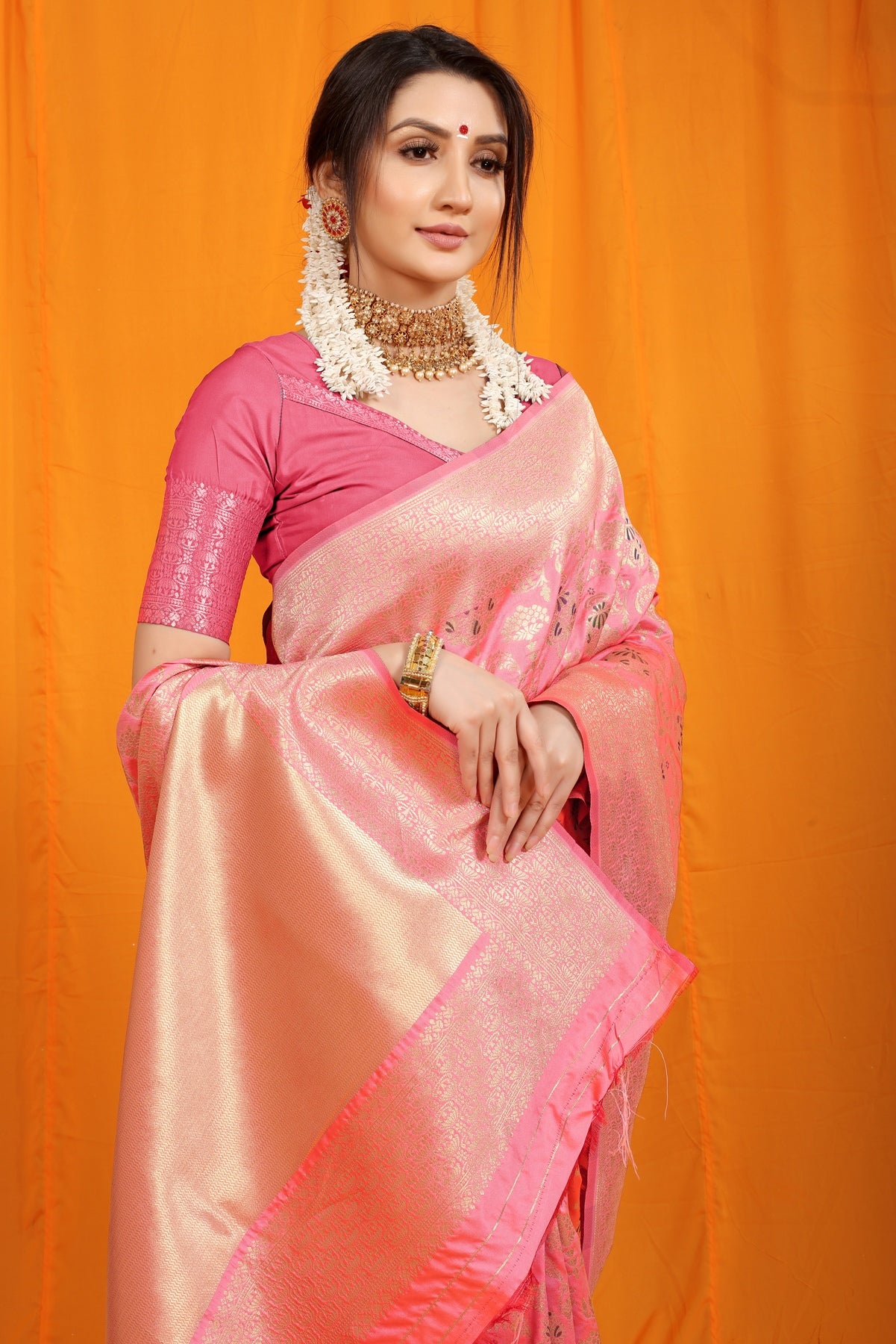 Baby pink jacquard kancheepuram wedding silk saree, contrast zari  traditional border & intricate jaal pallu