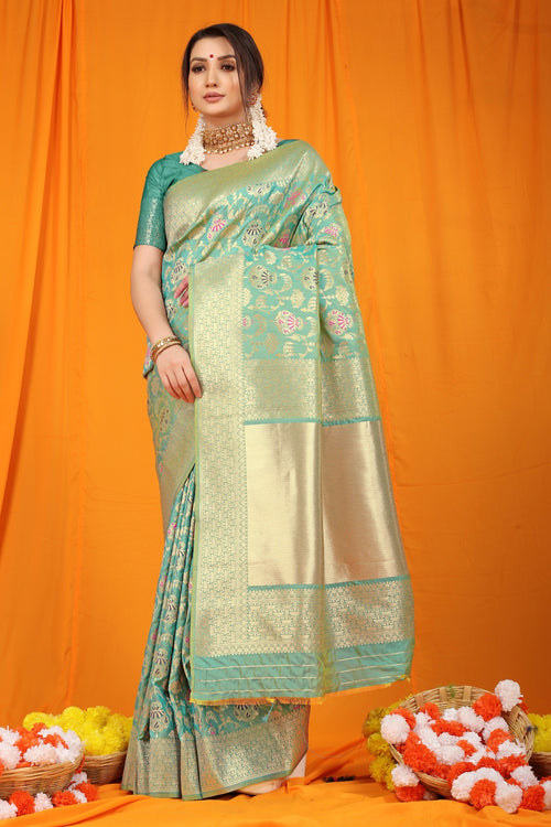 Load image into Gallery viewer, Murmurous Sea Green Kanjivaram Silk With Hypnotic Blouse Piece
