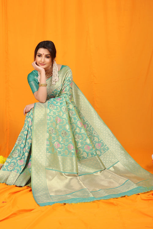 Load image into Gallery viewer, Murmurous Sea Green Kanjivaram Silk With Hypnotic Blouse Piece
