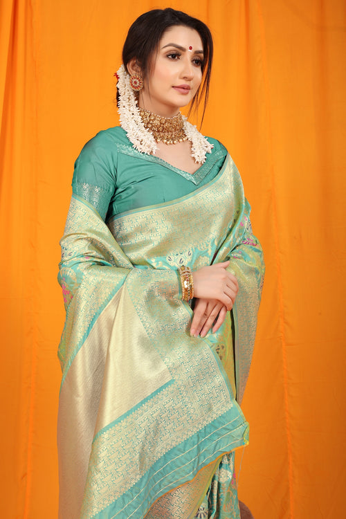 Load image into Gallery viewer, Murmurous Sea Green Kanjivaram Silk With Hypnotic Blouse Piece
