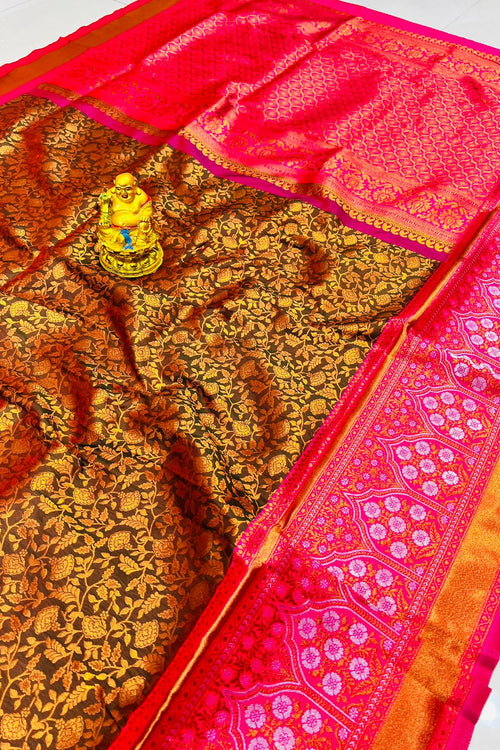 Load image into Gallery viewer, Lagniappe Brown Kanjivaram Silk Saree With Felicitous Blouse Piece
