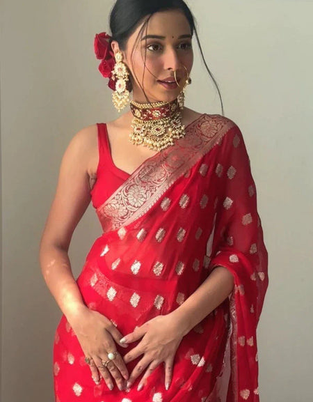 Radiant 1-Minute Ready To Wear Red Cotton Silk Saree