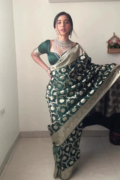 Gorgeous 1-Minute Ready To Wear Green Soft Silk Saree