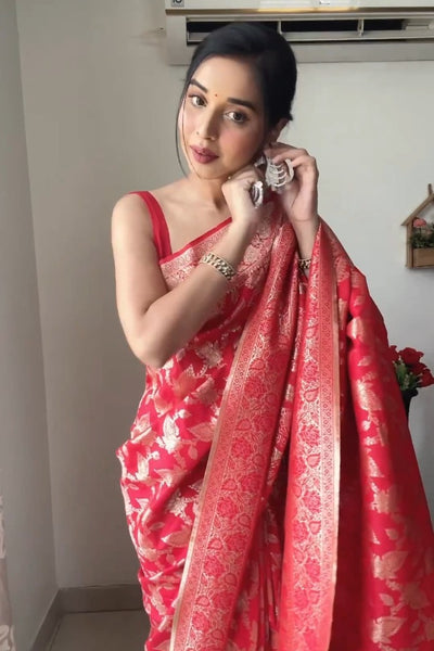 Mesmeric 1-Minute Ready To Wear Red Soft Silk Saree