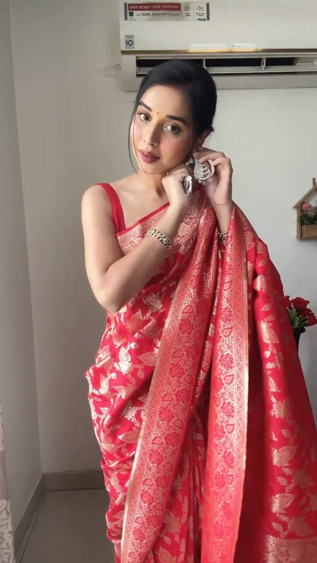 Mesmeric 1-Minute Ready To Wear Red Soft Silk Saree