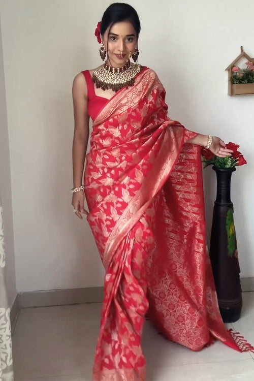 Load image into Gallery viewer, Mesmeric 1-Minute Ready To Wear Red Soft Silk Saree
