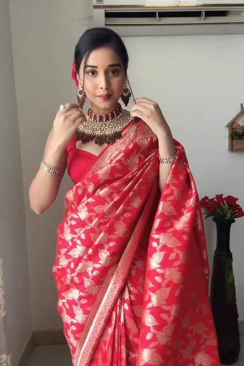 Load image into Gallery viewer, Mesmeric 1-Minute Ready To Wear Red Soft Silk Saree
