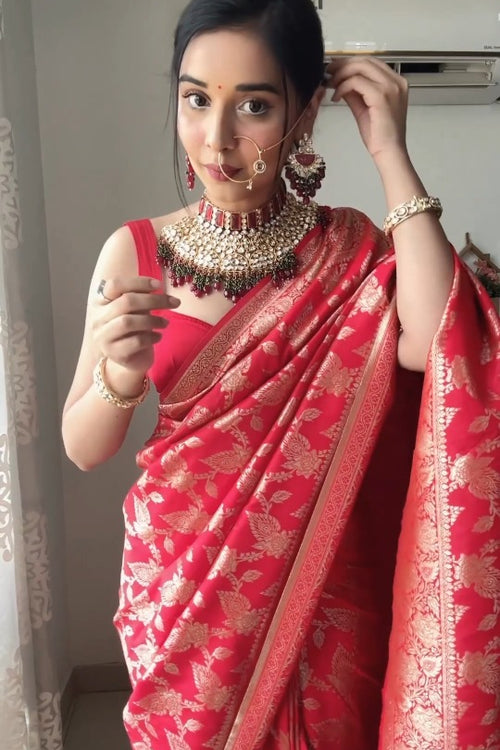 Load image into Gallery viewer, Mesmeric 1-Minute Ready To Wear Red Soft Silk Saree
