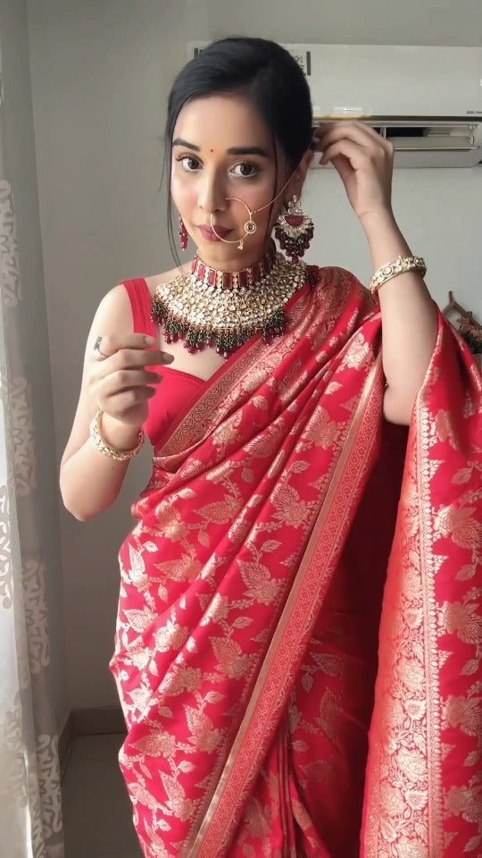 Mesmeric 1-Minute Ready To Wear Red Soft Silk Saree