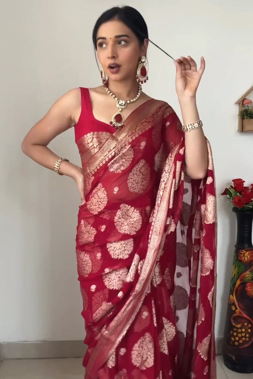 Load image into Gallery viewer, Alluring 1-Minute Ready To Wear Red Cotton Silk Saree
