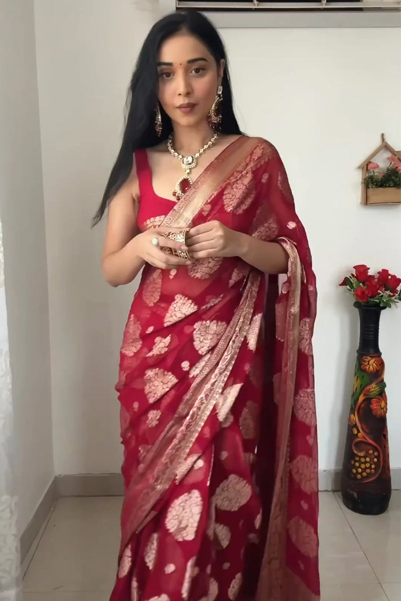 Alluring 1-Minute Ready To Wear Red Cotton Silk Saree