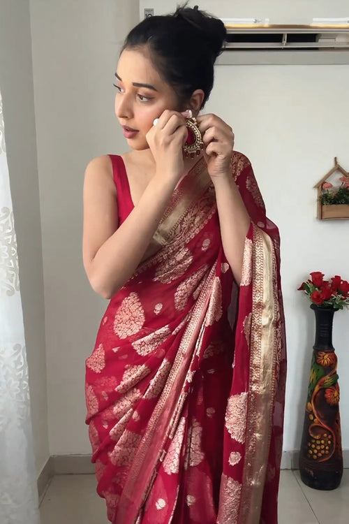 Load image into Gallery viewer, Alluring 1-Minute Ready To Wear Red Cotton Silk Saree
