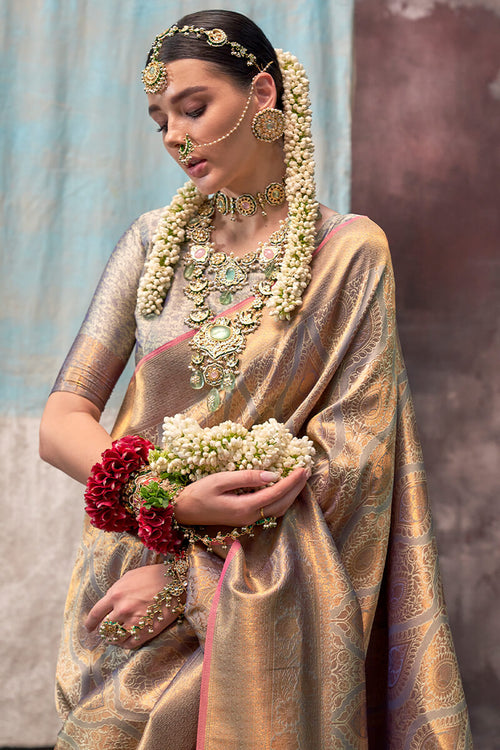 Load image into Gallery viewer, Trendy Grey Kanjivaram Silk Saree With Girlish Blouse Piece
