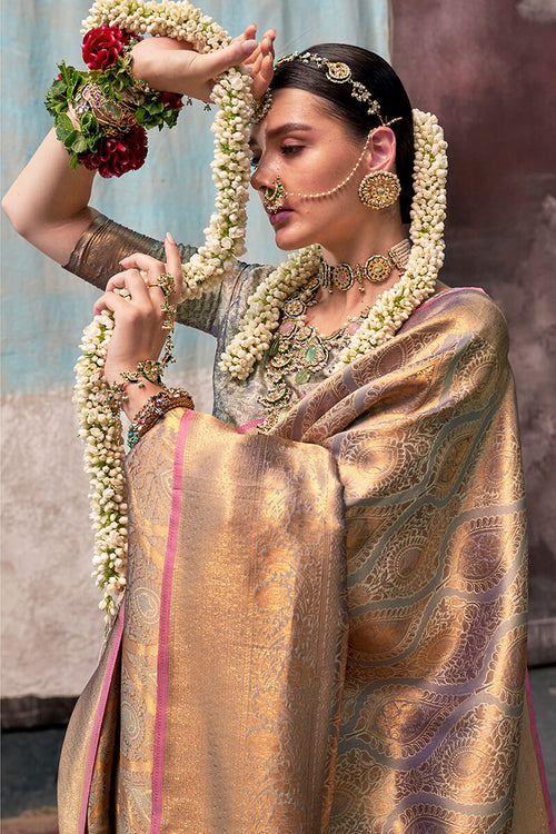 Load image into Gallery viewer, Trendy Grey Kanjivaram Silk Saree With Girlish Blouse Piece
