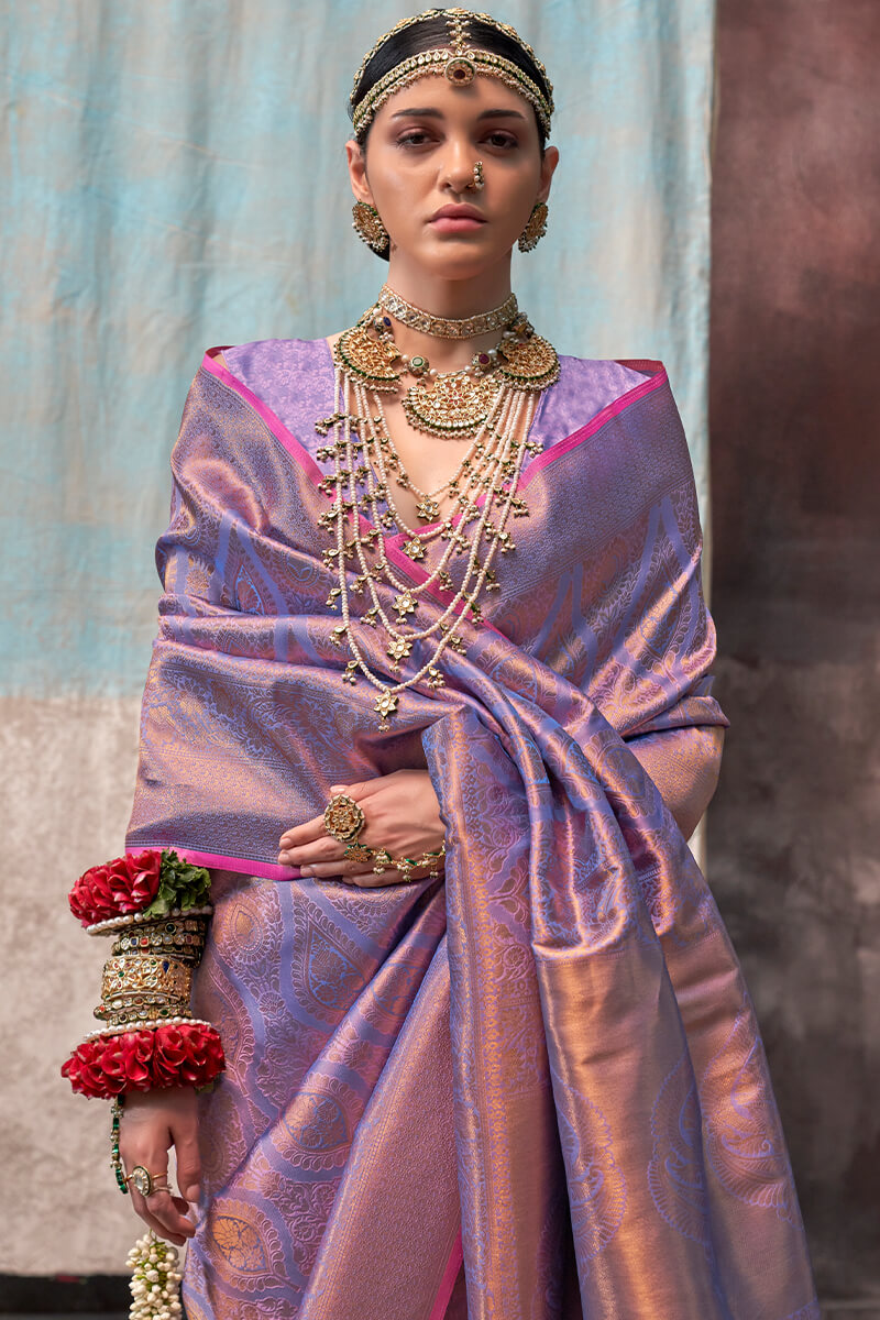 Pleasant Lavender Kanjivaram Silk Saree With Ideal Blouse Piece