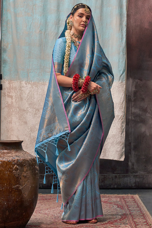 Load image into Gallery viewer, Demesne Firozi Kanjivaram Silk Saree With Imbrication Blouse Piece
